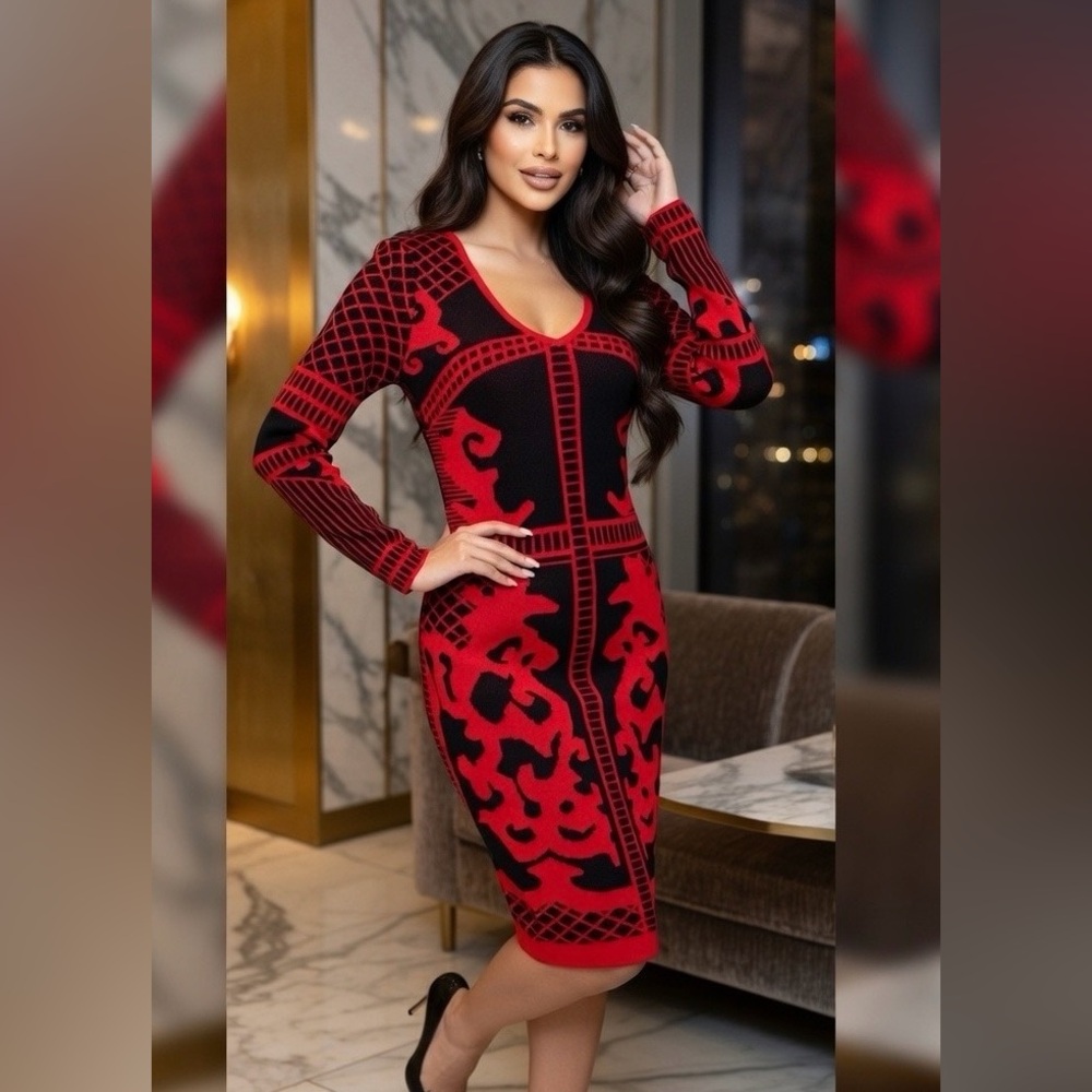 VENUS Red and Black Long Sleeve Dress